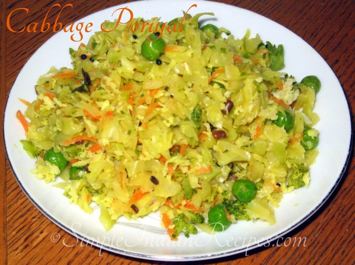 Cabbage Poriyal with carrot, broccoli and green peas