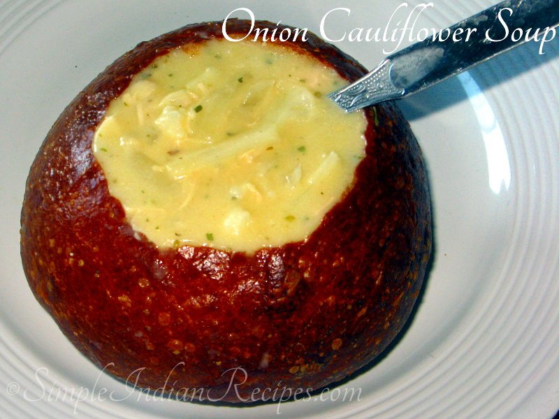 onion cauliflower soup in a bread bowl