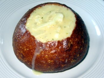 onion cauliflower soup in bread bowl