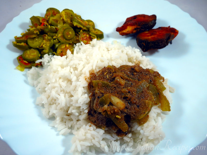Snake Gourd Theeyal with rice and thoran
